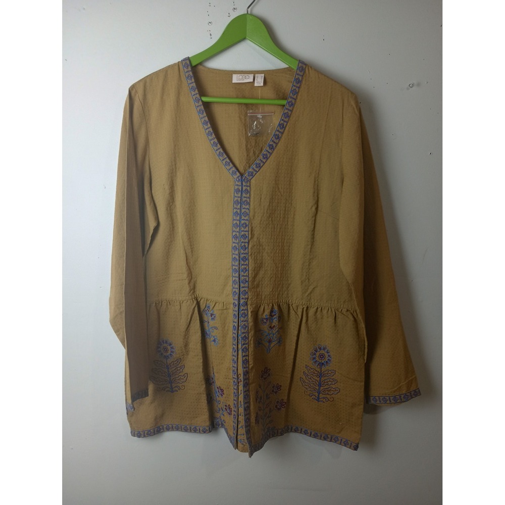 LOGO Lavish Lori Goldstein Mustard Yellow Cotton Embroidered Peplum Tunic Top M